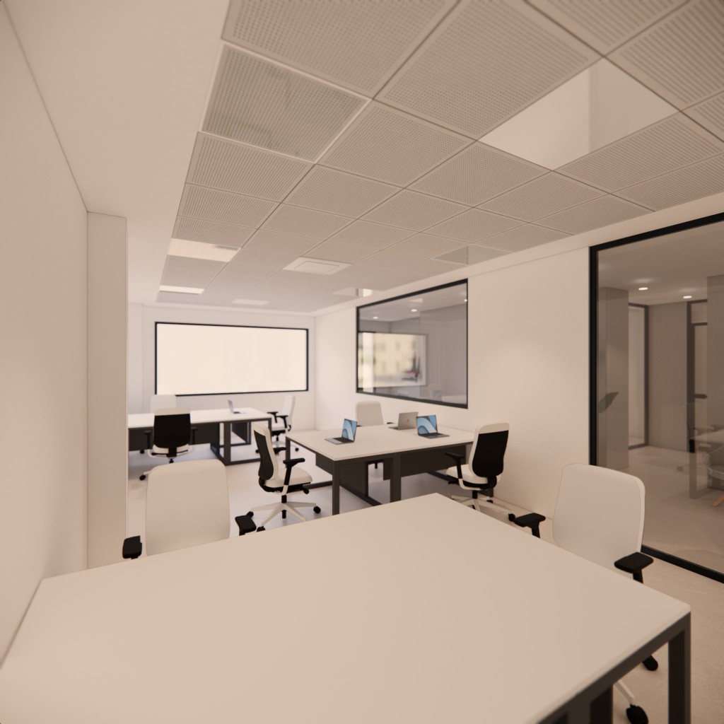Despacho privado con varias mesas y sillas en el coworking Lola Coworking en Calle Lima, Almería